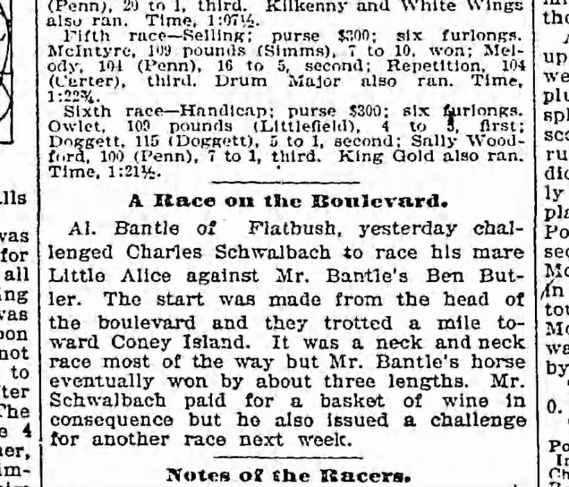 Albert Bantle racing his horse Ben Butler from the boulevard to Coney Island 1894