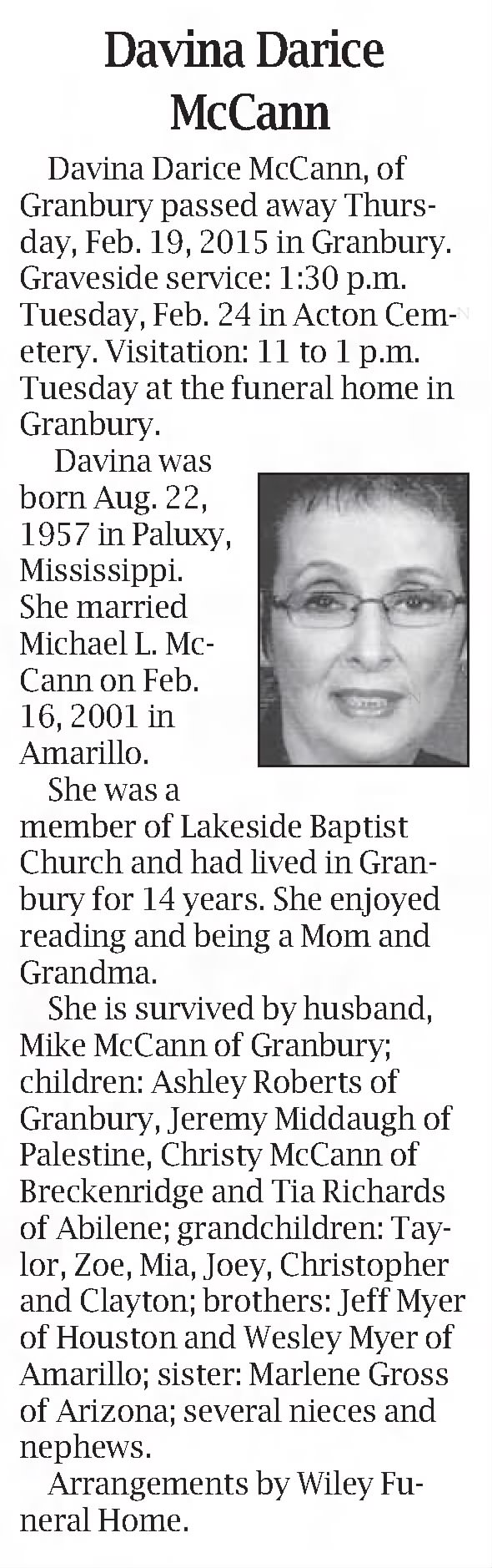 Obituary for Davina Darice McCann