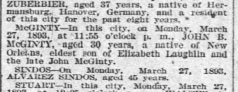 McGinty-Laughlin NO Times Picayune 2 Apr 1893 p.4