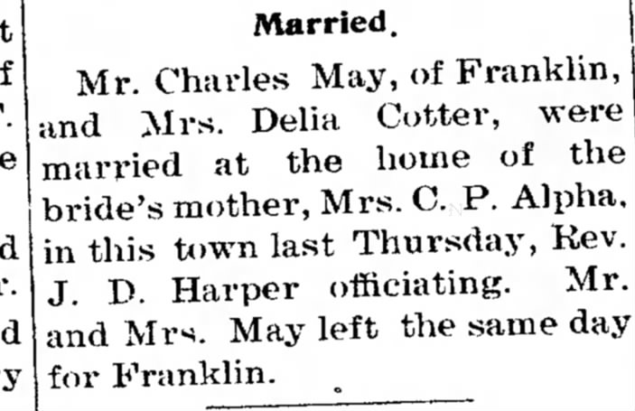 marriage of Charles May and Delia Cotter