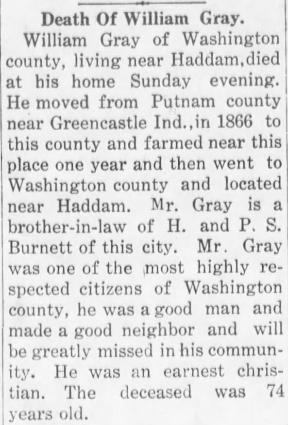 Obituary of William H. Gray  Washington, Kansas