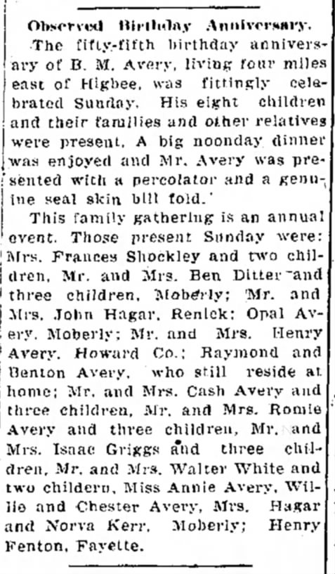 "Observed Birthday Anniversary," Moberly (Missouri) Evening Democrat, 27 April 1920, p. 1, col. 1.