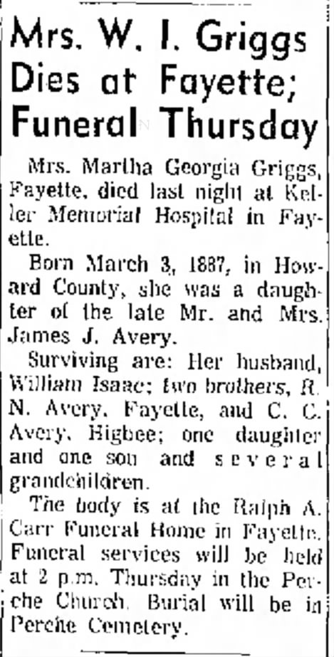 Mrs. W. I. Griggs Dies at Fayette; Funeral Thrusday (Martha Georgia (Avery) Griggs)