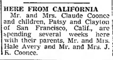 "Here From California," Mexico (Missouri) Ledger, 3 July 1947, p. 4, col. 3.