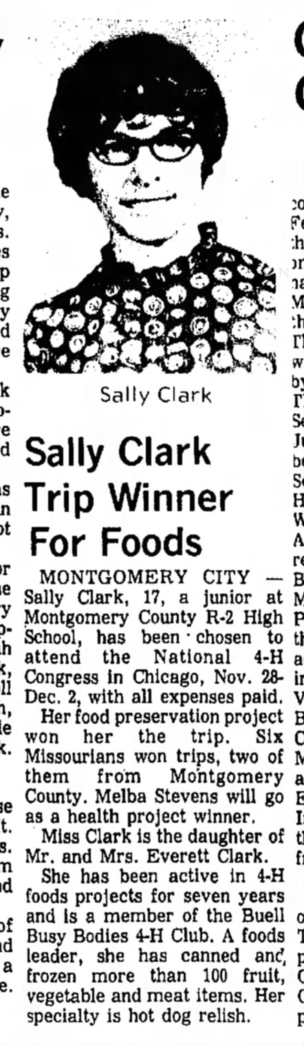 Sally Clark Trip Winner For Foods
Mexico Ledger (Mexico, Missouri) 21 Oct 1971 p. 3, col. 4