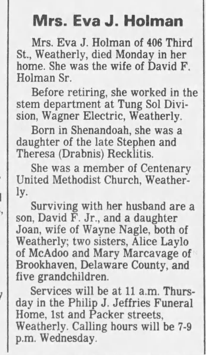 Eva J. (Recklitis) Holman - Obituary; 4 Dec 1985