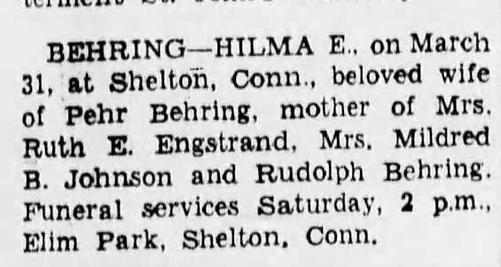 Hilma Behring Funeral April 2 1943