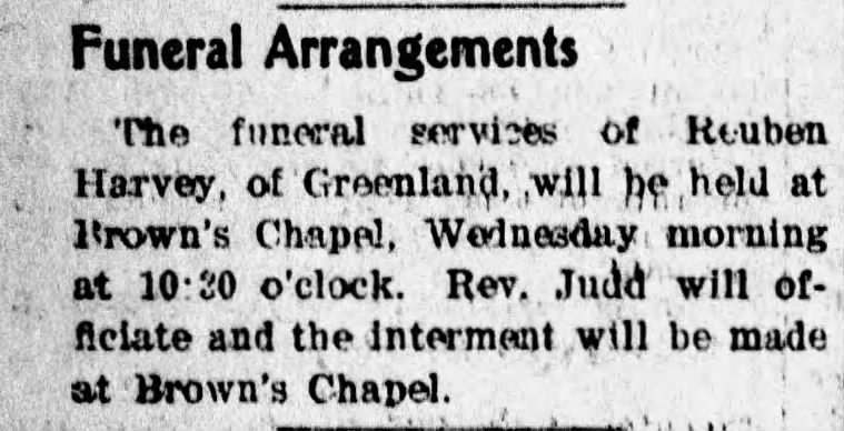 Reuben Harvey Funeral Arrangements 1902