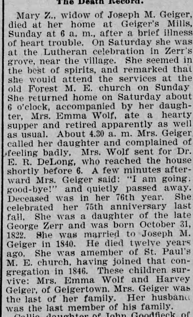 Mary Zerr Geiger
Obituary
Reading Times (Reading, PA)
Aug. 30, 1898