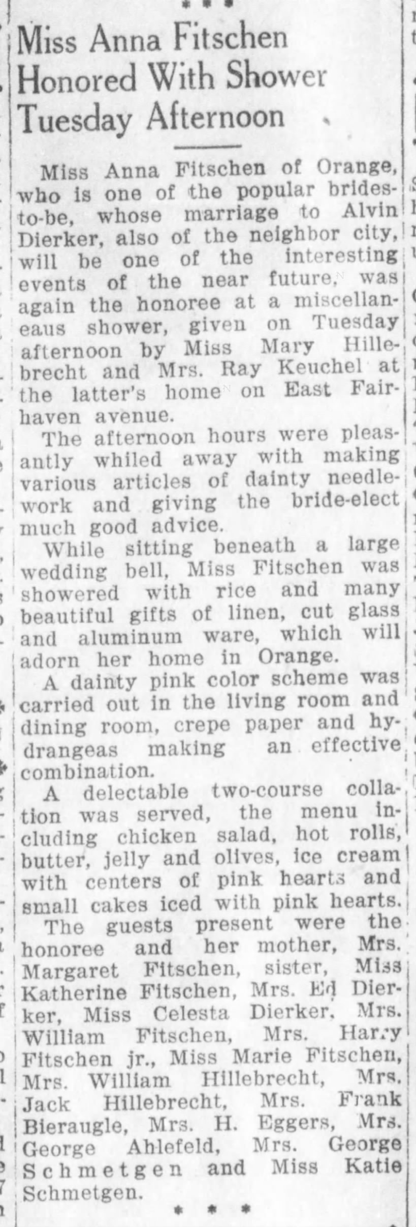 Anna Fitschen - Alvin Dierker Marriage. The Orange County Register 05 July, 1924