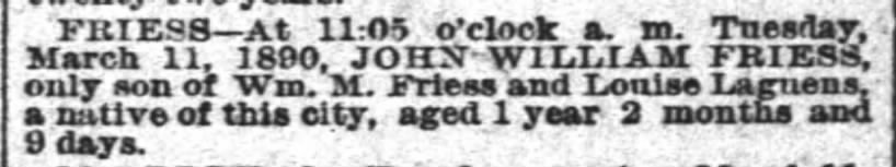 Obit John William Friess dod March 11, 1890