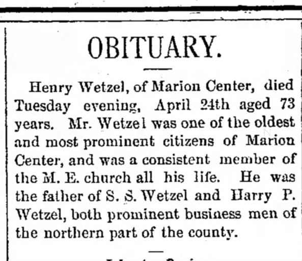 Obituary - Wetzel, Henry
