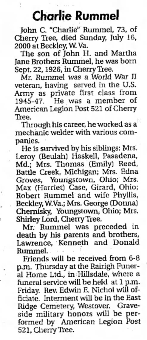 Obituary - Rummel, John C