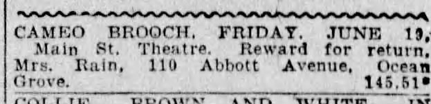 Izott Rain's ad for a lost Cameo Brooch. 1925