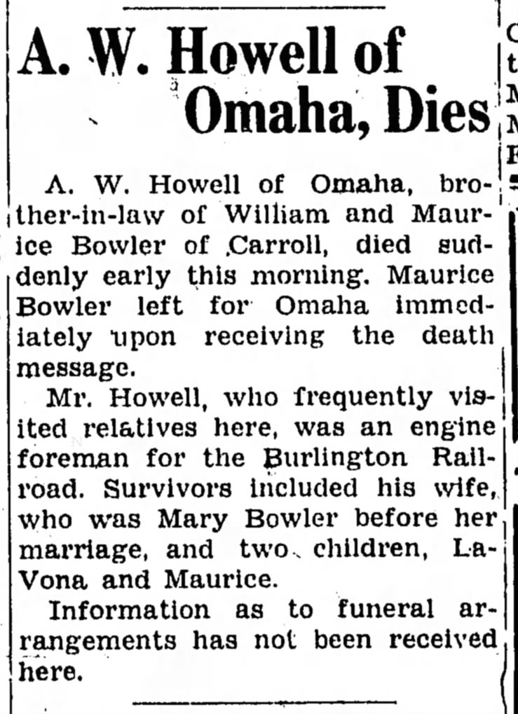 AW Howell's death notice in Carroll