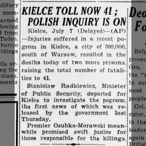 Kielce Toll Now 41; Polish Inquiry Is On