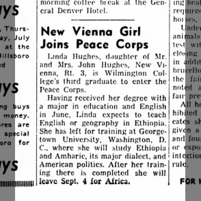 New Vienna Girl Joins Peace Corps -- Linda Hughes to Ethiopia, July 13, 1962.