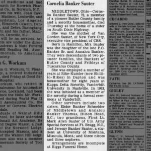 Obituary for Cornelia Banker Sauter (Aged 73)