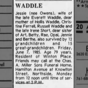 Obituary for Jessie WADDLE (Aged 79)