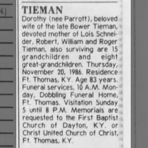 Obituary: Dorothy TIEMAN nee Parrott (Aged 83)