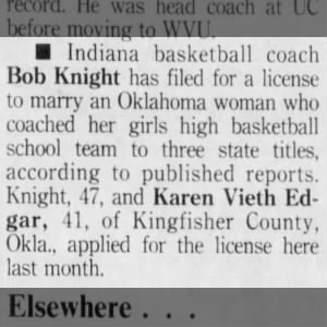 Bob Knight and Karen Edgar file for marriage liscense.