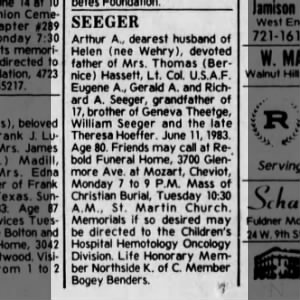 Arthur A Seeger obituary