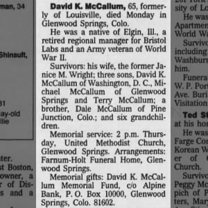 Obituary for David K. McCallum (Aged 65)