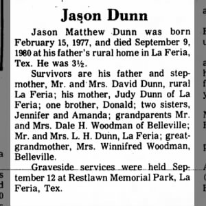 Obituary for Jason Matthew Dunn, 1977-1980