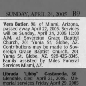 Obituary for Vera Butler (Aged 98)