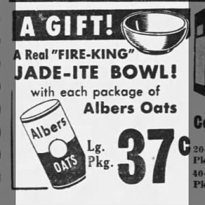 Fire King Jadeite Cereal or Chili Bowl Given Away With Package Of Albers Oats