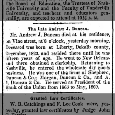 Obituary of Andrew Jackson Duncan in the Nashville Tennessean Newspaper 31 May 1878.