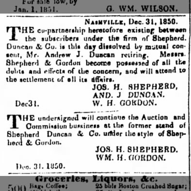 6 Jan 1851 A. J. Duncan leaves the firm of Shepherd, Duncan & Co.