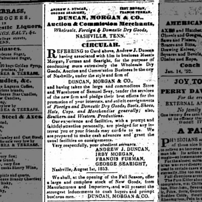 Announcement in Tennessean newspaper 24 Oct 1853 of the formation of the firm Duncan, Morgan & Co.
