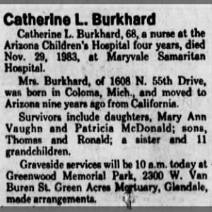 Catherine L Kinyon Burkhard obituary