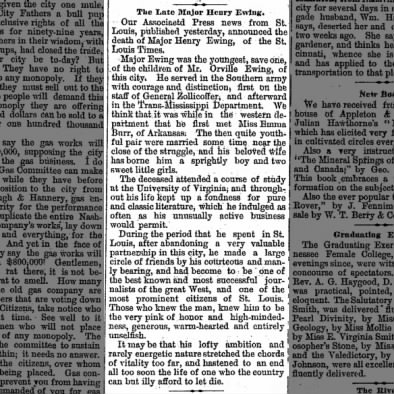 Henry Ewing died on 13 Jun 1873 and his death was reported in this Tennessean newspaper Obit.