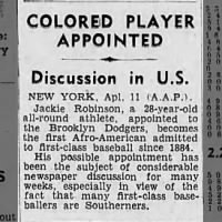 The Age (Australia) announces Jackie Robinson with Brooklyn Dodgers, mentions race discussions