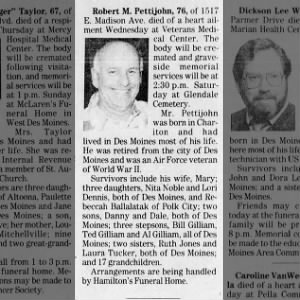 Robert M. Pettijohn Obituary, DM Register, 1995-08-11