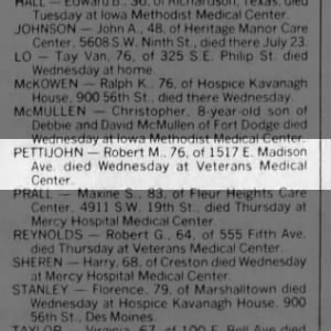 Robert M. Pettijohn Death Notice, DM Register, 1995-08-11