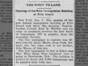 Newspaper article about the first group of 107 immigrants to arrive at Ellis Island