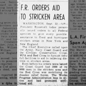 Federal aid sent to areas hit by 1938 hurricane