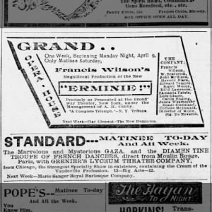 Mattie Lee Price was showing as "Gaza" at the Operhouse in St. Louis on 8 April 1894.