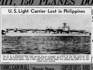 Image of the USS Princeton, a light aircraft carrier lost in the Battle of Leyte Gulf