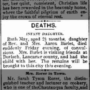 Ruth May Barlet, infant daughter of Mr. & Mrs. Aaron Barlet, died
