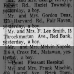 Birth of son of F. Lee Smith in Red Bank, NJ, in Oct. 1969.
