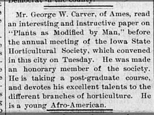 George Washington Carver reads his Bachelor's thesis to horticultural society, 1894