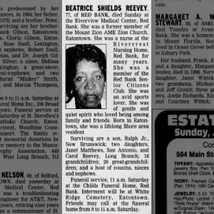 Obituary for BEATRICE SHIELDS REEVEY (Aged 77)