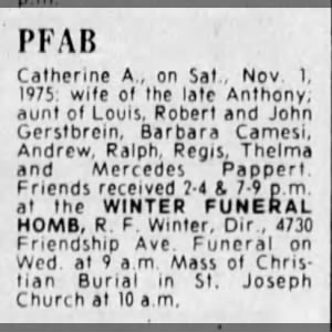 Catherine A. Gerstbrein Pfab Death Notice - 1975