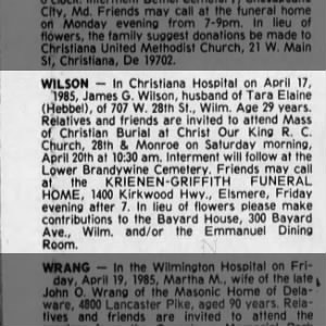 Obituary for James G. WILSON (Aged 29)