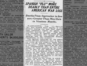 Newspaper reports that Spanish Flu has been more deadly in U.S. than World War I