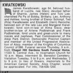 Obituary for James Kwiatkowski (Aged 64)